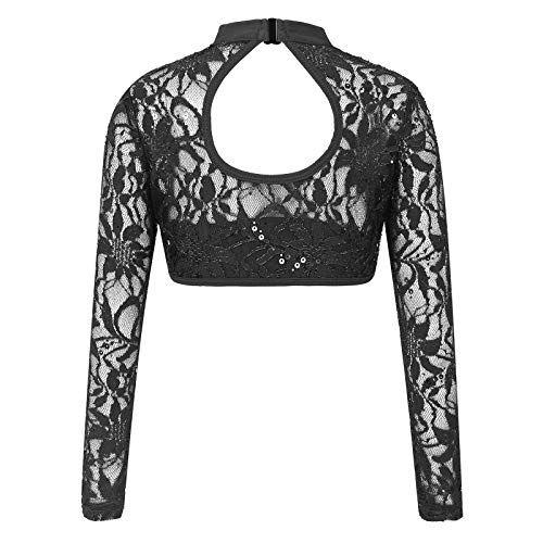 inhzoy Top de Danza para Niñas Camiseta Corta de Manga Larga con Lentejuelas Bordadas y Encaje Flores Transparentes de Color Sólido Negro 7-8 años