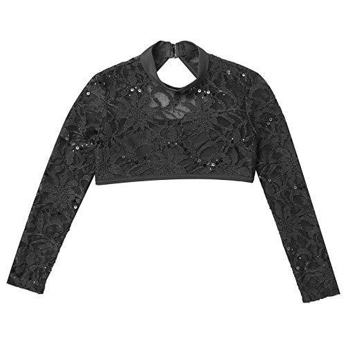inhzoy Top de Danza para Niñas Camiseta Corta de Manga Larga con Lentejuelas Bordadas y Encaje Flores Transparentes de Color Sólido Negro 7-8 años