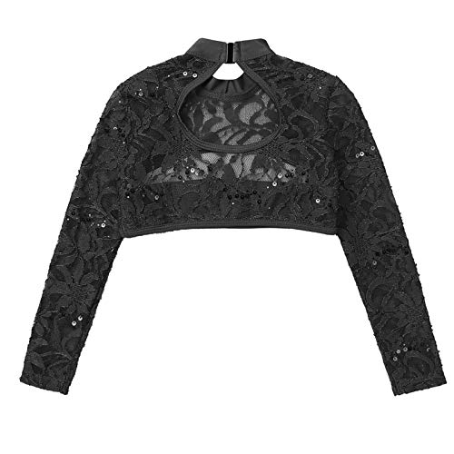 inhzoy Top de Danza para Niñas Camiseta Corta de Manga Larga con Lentejuelas Bordadas y Encaje Flores Transparentes de Color Sólido Negro 7-8 años
