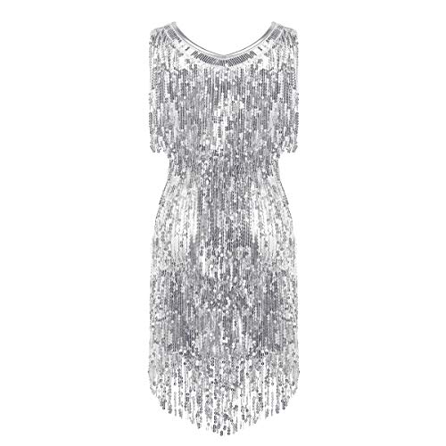 inhzoy Vestido de Baile Latino Lentejuelas para Mujer Vestido de Rumba Tango Salsa Samba Flecos Traje de Baile de Salón Disfraz de Fiesta Dancewear Plateado XXL