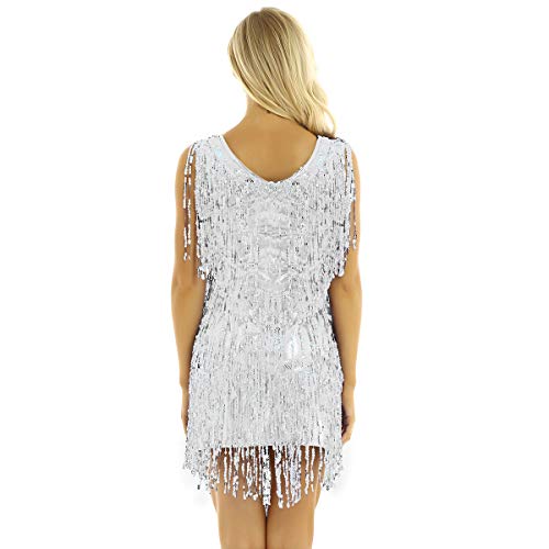 inhzoy Vestido de Baile Latino Lentejuelas para Mujer Vestido de Rumba Tango Salsa Samba Flecos Traje de Baile de Salón Disfraz de Fiesta Dancewear Plateado XXL