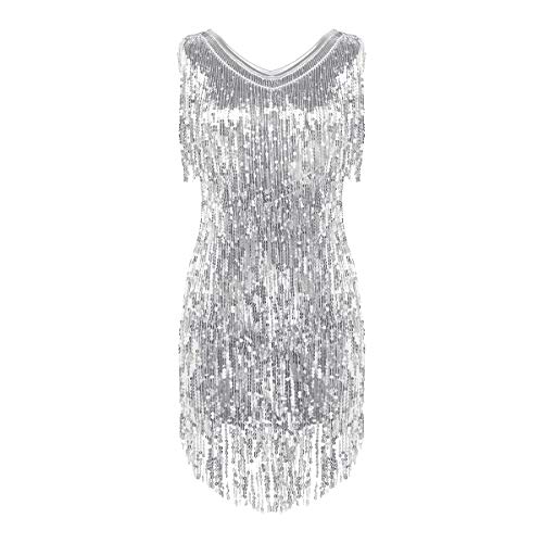 inhzoy Vestido de Baile Latino Lentejuelas para Mujer Vestido de Rumba Tango Salsa Samba Flecos Traje de Baile de Salón Disfraz de Fiesta Dancewear Plateado XXL