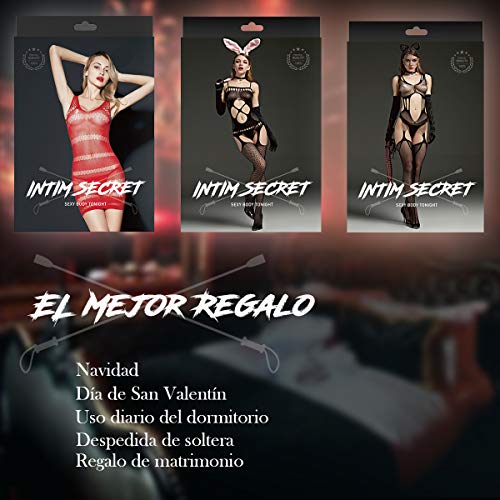 Intim Secret Pack 3 Lencería Sexy, Encaje, Bodie Una Pieza,Ropa Interior de Mujer,Encaje,Diseño Sensual para San Valentín,Navidad,Dormir,Fiestas,Despedida de Solteras,etc,en Color Rojo y Negro.