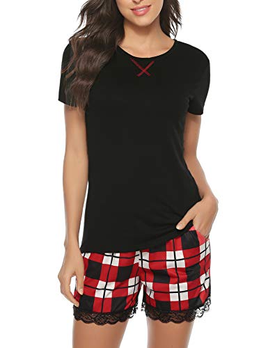 Irevia Pijamas Mujer Algodon Verano, Cómodo Manga Corta Camiseta de Color Puro y Pantalones Cortos a Cuadros Conjunto de 2 Piezas