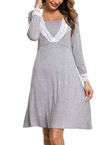 Irevial camisón Lactancia Algodon Invierno,Pijama premamá Manga Larga de Encaje, Suave Embarazo Vestidos Camisón de Maternidad Hospital,Ropa para Dormir en casa,Gris,XL