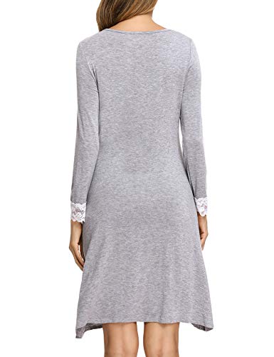 Irevial camisón Lactancia Algodon Invierno,Pijama premamá Manga Larga de Encaje, Suave Embarazo Vestidos Camisón de Maternidad Hospital,Ropa para Dormir en casa,Gris,XL