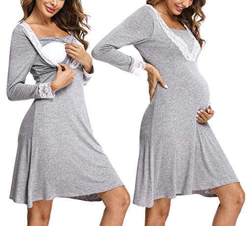 Irevial camisón Lactancia Algodon Invierno,Pijama premamá Manga Larga de Encaje, Suave Embarazo Vestidos Camisón de Maternidad Hospital,Ropa para Dormir en casa,Gris,XL