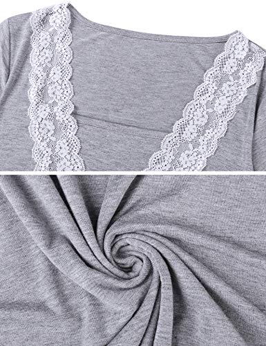 Irevial camisón Lactancia Algodon Invierno,Pijama premamá Manga Larga de Encaje, Suave Embarazo Vestidos Camisón de Maternidad Hospital,Ropa para Dormir en casa,Gris,XL