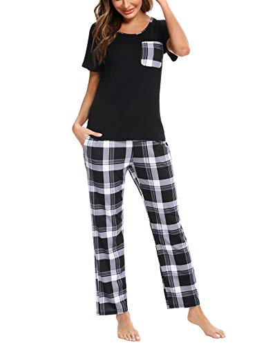 Irevial Mujer Pijamas de Verano, algodón Pijama a Gato,Ropa de Dormir de Manga Corta 2 Piezas,Suave y Cómodo
