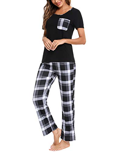 Irevial Mujer Pijamas de Verano, algodón Pijama a Gato,Ropa de Dormir de Manga Corta 2 Piezas,Suave y Cómodo
