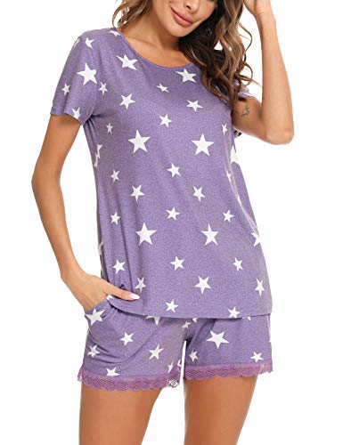 Irevial Pijamas de Mujer de Verano algodón Manga Corta Conjunto de Pijama de Estrellas Pantalon Corta 2 Piezas Fresco y cómodo,Morado,m