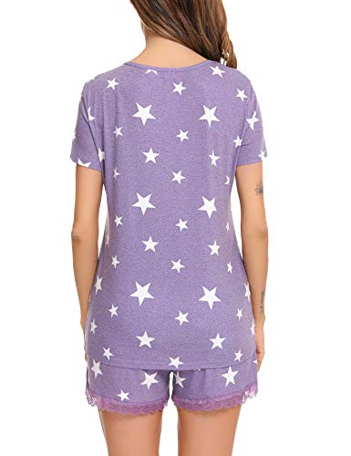 Irevial Pijamas de Mujer de Verano algodón Manga Corta Conjunto de Pijama de Estrellas Pantalon Corta 2 Piezas Fresco y cómodo,Morado,m