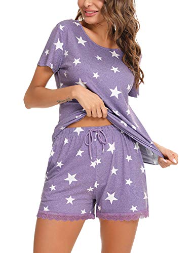 Irevial Pijamas de Mujer de Verano algodón Manga Corta Conjunto de Pijama de Estrellas Pantalon Corta 2 Piezas Fresco y cómodo,Morado,m