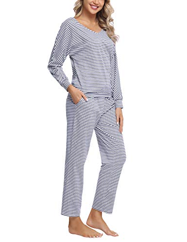 Irevial Pijamas Mujer Manga Larga,Conjunto de Pijama con Rayas clásicas, Sexy Camisa de Dormir con Cuello en V y Pantalones Largos con Cintura elástica con cordón