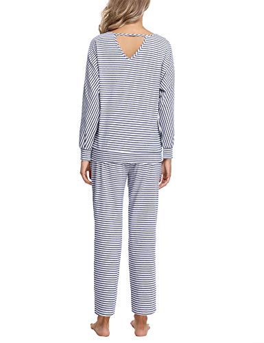 Irevial Pijamas Mujer Manga Larga,Conjunto de Pijama con Rayas clásicas, Sexy Camisa de Dormir con Cuello en V y Pantalones Largos con Cintura elástica con cordón