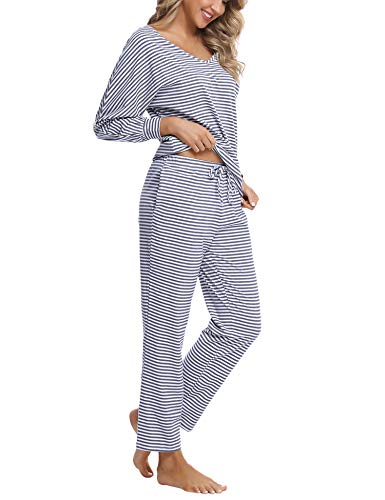 Irevial Pijamas Mujer Manga Larga,Conjunto de Pijama con Rayas clásicas, Sexy Camisa de Dormir con Cuello en V y Pantalones Largos con Cintura elástica con cordón