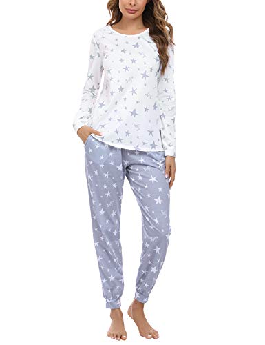 Irevial Pijamas para Mujer,Elegante Pijamas de Estampado de diseño Estrella, Mangas Larga Camiseta y Pantalon Largo 2 Piezas Talla Grande Invierno