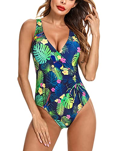 Irevial Traje de Baño de Una Pieza para Mujer Clásico Bañador Push-Up Monokini con Cuello en V Swimsuit Tirantes Ajustables Verde Estampado, XXL