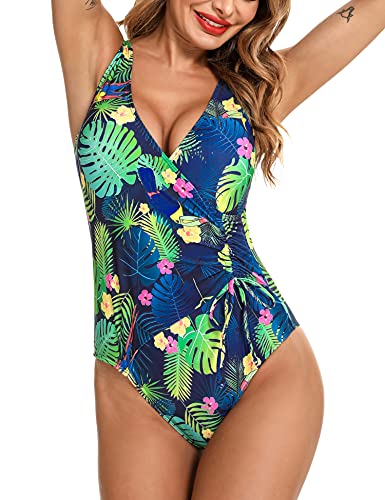 Irevial Traje de Baño de Una Pieza para Mujer Clásico Bañador Push-Up Monokini con Cuello en V Swimsuit Tirantes Ajustables Verde Estampado, XXL