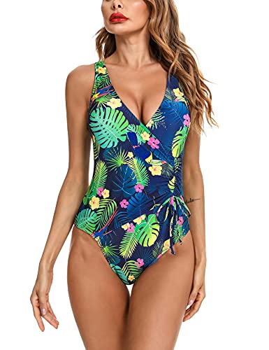 Irevial Traje de Baño de Una Pieza para Mujer Clásico Bañador Push-Up Monokini con Cuello en V Swimsuit Tirantes Ajustables Verde Estampado, XXL