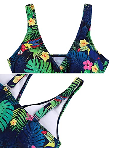 Irevial Traje de Baño de Una Pieza para Mujer Clásico Bañador Push-Up Monokini con Cuello en V Swimsuit Tirantes Ajustables Verde Estampado, XXL
