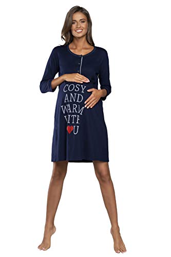 Italian Fashion IF Camisón de noche para mujer, para lactancia, embarazo, maternidad, ropa de noche, moda premamá con botones continuos, camisa de nacimiento para madre azul oscuro L