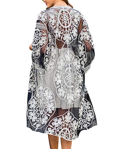 iWoo - Cárdigan kimono sexi para mujer, largo, para proteger del sol en la playa, de encaje floral estilo crochet para cubrirse en la playa. B-negro blanco Talla única