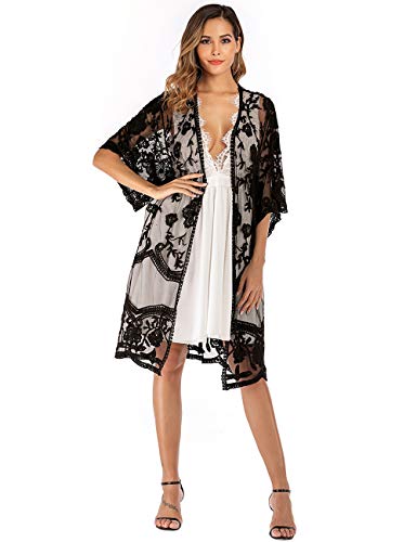 iWoo - Cárdigan kimono sexi para mujer, largo, para proteger del sol en la playa, de encaje floral estilo crochet para cubrirse en la playa. Negro A-negro Talla única