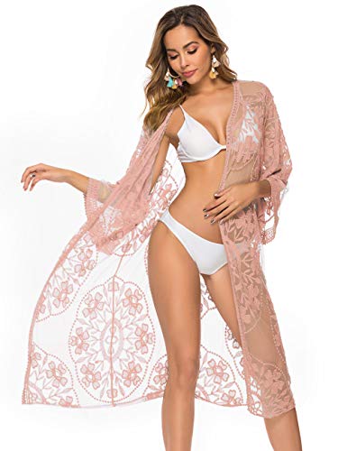 iWoo - Cárdigan kimono sexi para mujer, largo, para proteger del sol en la playa, de encaje floral estilo crochet para cubrirse en la playa. Rosa B-rosa Talla única