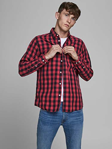 Jack & Jones Jjegingham Shirt L/s Camisa, Multicolor (Brick Red Checks:Mixed Black), Medium para Hombre