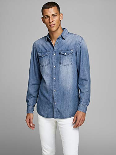 Jack & Jones Jjesheridan Shirt L/s Camisa Vaquera, Azul (Medium Blue Denim Fit:Slim), Large para Hombre