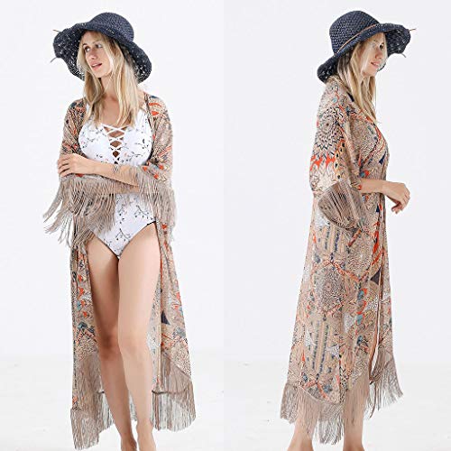 JAGETRADE Womens Summer Half Sleeve Chiffon Cardigan Boho Retro Geométrico Floral Impreso con Flecos Borlas Patchwork Bikini Cubrir hasta el Tobillo Kimono Cabo