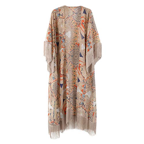 JAGETRADE Womens Summer Half Sleeve Chiffon Cardigan Boho Retro Geométrico Floral Impreso con Flecos Borlas Patchwork Bikini Cubrir hasta el Tobillo Kimono Cabo