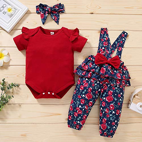 Janly Clearance Sale Conjunto de trajes para niñas de 0 a 24 meses, enterizo sólido para bebé y niña con estampado floral, bonito regalo de Pascua, conjunto de ropa de bebé para 0 a 3 meses (rojo)