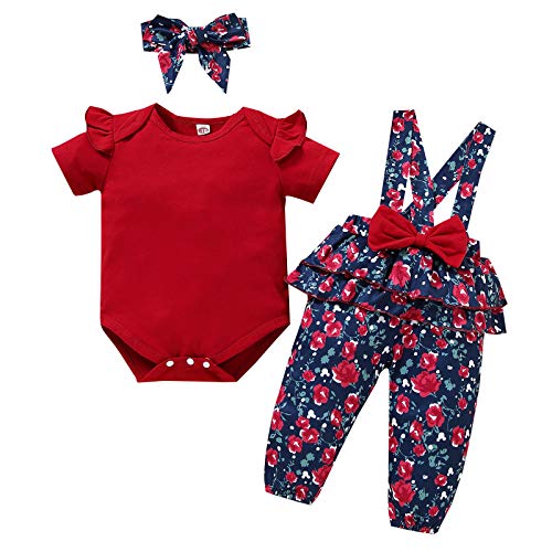Janly Clearance Sale Conjunto de trajes para niñas de 0 a 24 meses, enterizo sólido para bebé y niña con estampado floral, bonito regalo de Pascua, conjunto de ropa de bebé para 0 a 3 meses (rojo)