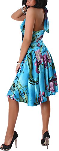 Jela London Vestido de cóctel de verano para mujer, atado al cuello, satén brillante, diseño floral y encaje bajo el pecho, para fiesta, club, playa (32-36) azul celeste 34-36