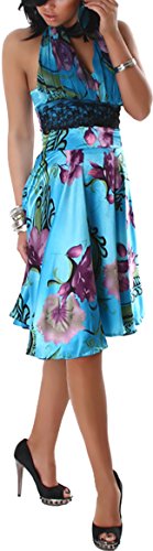 Jela London Vestido de cóctel de verano para mujer, atado al cuello, satén brillante, diseño floral y encaje bajo el pecho, para fiesta, club, playa (32-36) azul celeste 34-36
