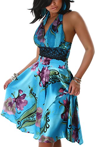 Jela London Vestido de cóctel de verano para mujer, atado al cuello, satén brillante, diseño floral y encaje bajo el pecho, para fiesta, club, playa (32-36) azul celeste 34-36
