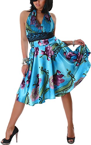 Jela London Vestido de cóctel de verano para mujer, atado al cuello, satén brillante, diseño floral y encaje bajo el pecho, para fiesta, club, playa (32-36) azul celeste 34-36