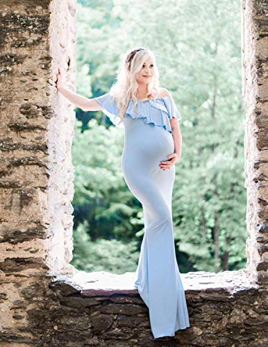 JENJON Mujer Premamá Vestido Maxi Fotográficas Embarazadas olantes de Manga Corta Cuello V de Maternidad Azul XL