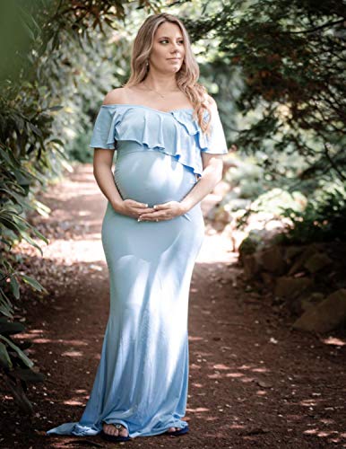 JENJON Mujer Premamá Vestido Maxi Fotográficas Embarazadas olantes de Manga Corta Cuello V de Maternidad Azul XL