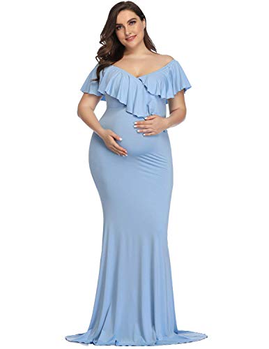 JENJON Mujer Premamá Vestido Maxi Fotográficas Embarazadas olantes de Manga Corta Cuello V de Maternidad Azul XL