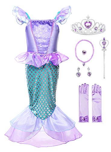 JerrisApparel Niñas Princesa Sirena Vestido Navidad Traje Fiesta Cumpleaños Disfraz (2 años, Lila con Accesorios 1)