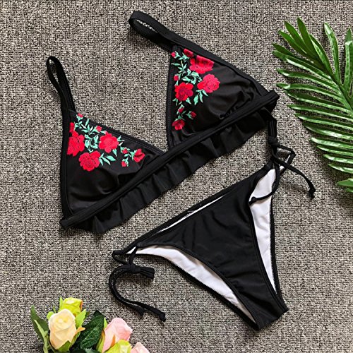 JewelryWe Bikini Mujer 2018 Push Up Traje de Baño Negro Con Rosas Rojas, Bikini Talla Grande Bañador Para Mujer 2 Piezas para Playa, Nuevo Modelo by, Talla M
