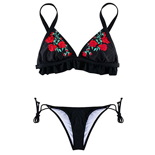 JewelryWe Bikini Mujer 2018 Push Up Traje de Baño Negro Con Rosas Rojas, Bikini Talla Grande Bañador Para Mujer 2 Piezas para Playa, Nuevo Modelo by, Talla M