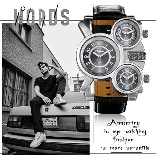 JewelryWe Grande Reloj Militar Deportivo 3 Zonas Horario Reloj de Pulsera Cuero, Reloj Cuarzo Frikis para Hombre, Reloj de Piloto Viajero de Estilo Retro Punk, Regalo Original 2 Piezas