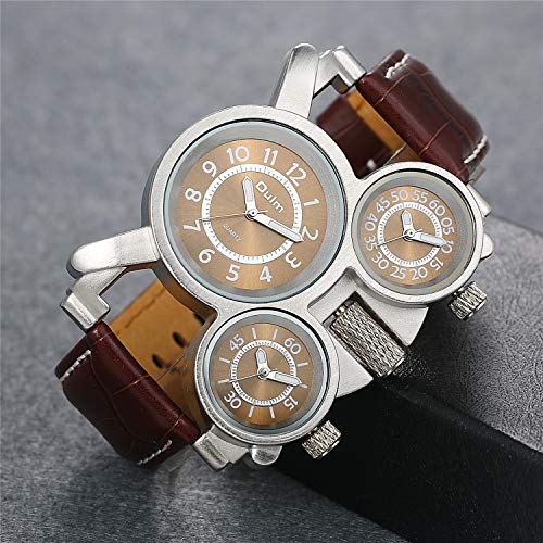JewelryWe Grande Reloj Militar Deportivo 3 Zonas Horario Reloj de Pulsera Cuero, Reloj Cuarzo Frikis para Hombre, Reloj de Piloto Viajero de Estilo Retro Punk, Regalo Original 2 Piezas