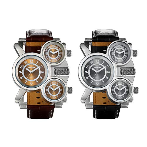 JewelryWe Grande Reloj Militar Deportivo 3 Zonas Horario Reloj de Pulsera Cuero, Reloj Cuarzo Frikis para Hombre, Reloj de Piloto Viajero de Estilo Retro Punk, Regalo Original 2 Piezas