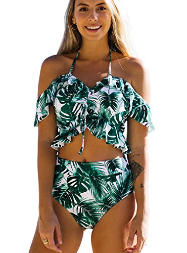 JFAN Trajes de Baño para Mujer Top Corto con Cuello Halter y Volantes Bañador de Colores con Hombros Descubiertos