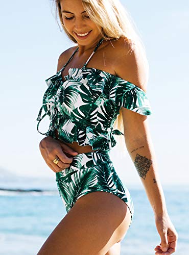 JFAN Trajes de Baño para Mujer Top Corto con Cuello Halter y Volantes Bañador de Colores con Hombros Descubiertos